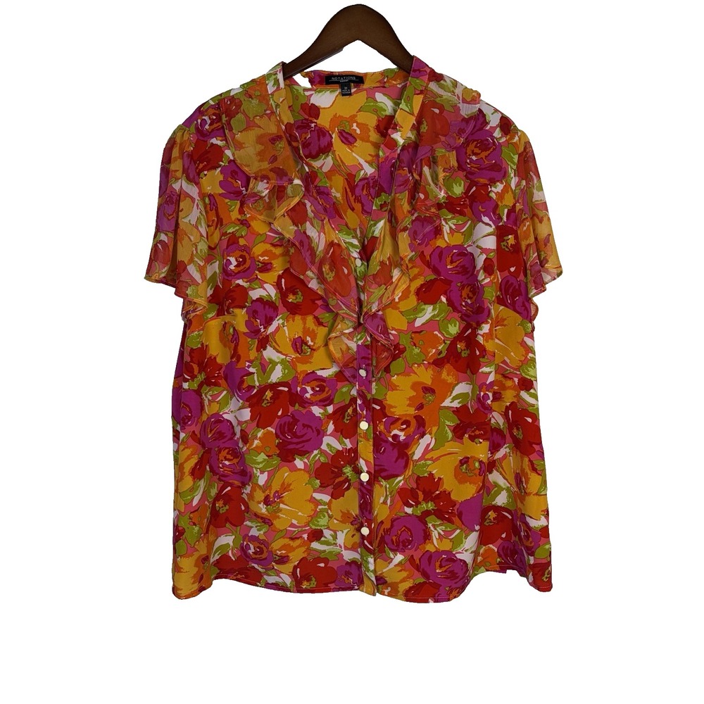Notations Woman's Button‎ Up Ruffle Front Blouse Size 3X Pink Yellow Floral Boho